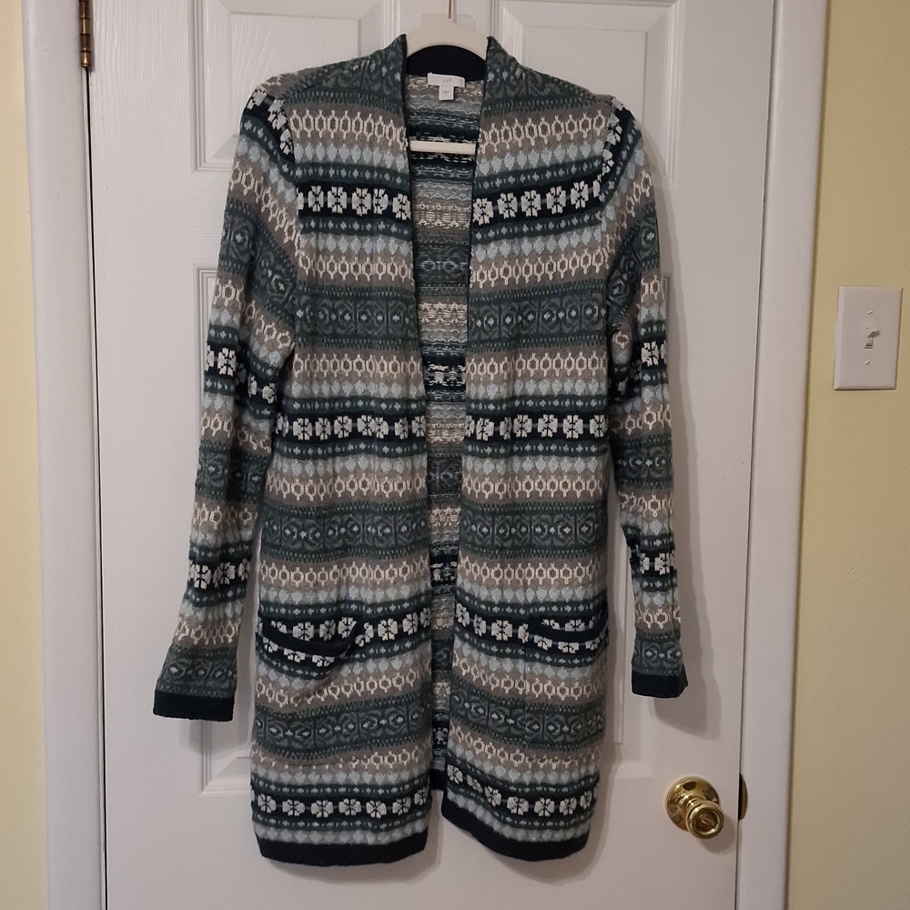J.Jill sz S, fair isle open front long line cardigan sweater in blue, gray